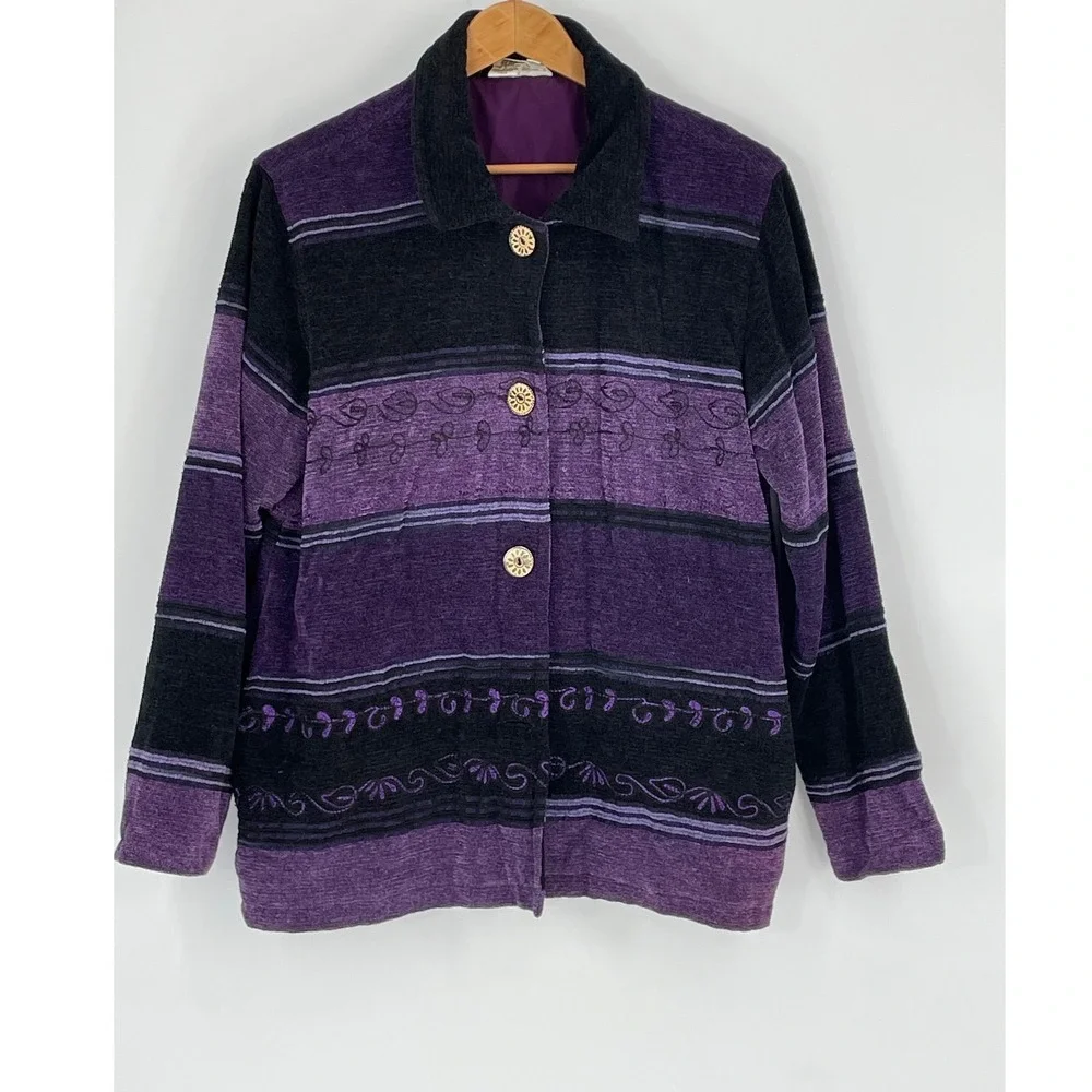Coldwater Creek Women Jacket L Button Front Purple Striped Embroidered BOHO